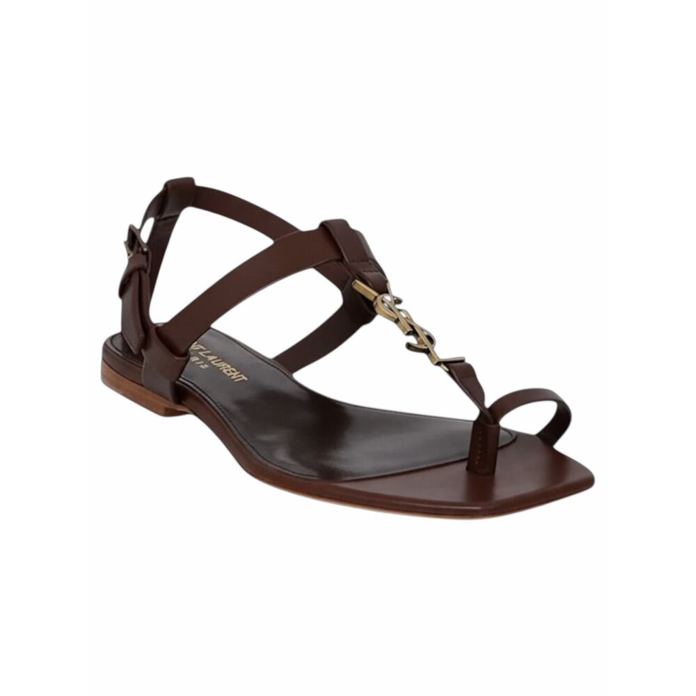 Saint Laurent Cassandra YSL Logo T Strap Toe Ring Sandal Brown Size 37.5